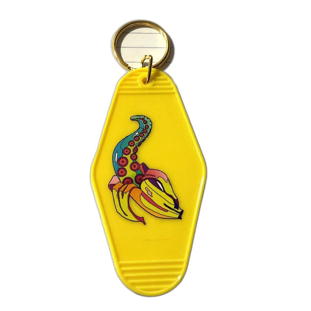 Neon Yellow Motel Keychain - Psychedelic Banana Octopus for Retro Vibes